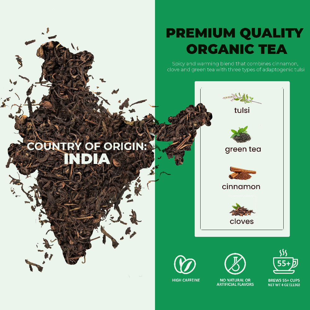 Tulsi Spicy Chai Green Loose Tea, Natural Energy & Focus Support - Ayurvedic Blend with Tulsi (Holy Basil) - Cinnamon & Cloves - Low Caffeine - Organic & Kosher