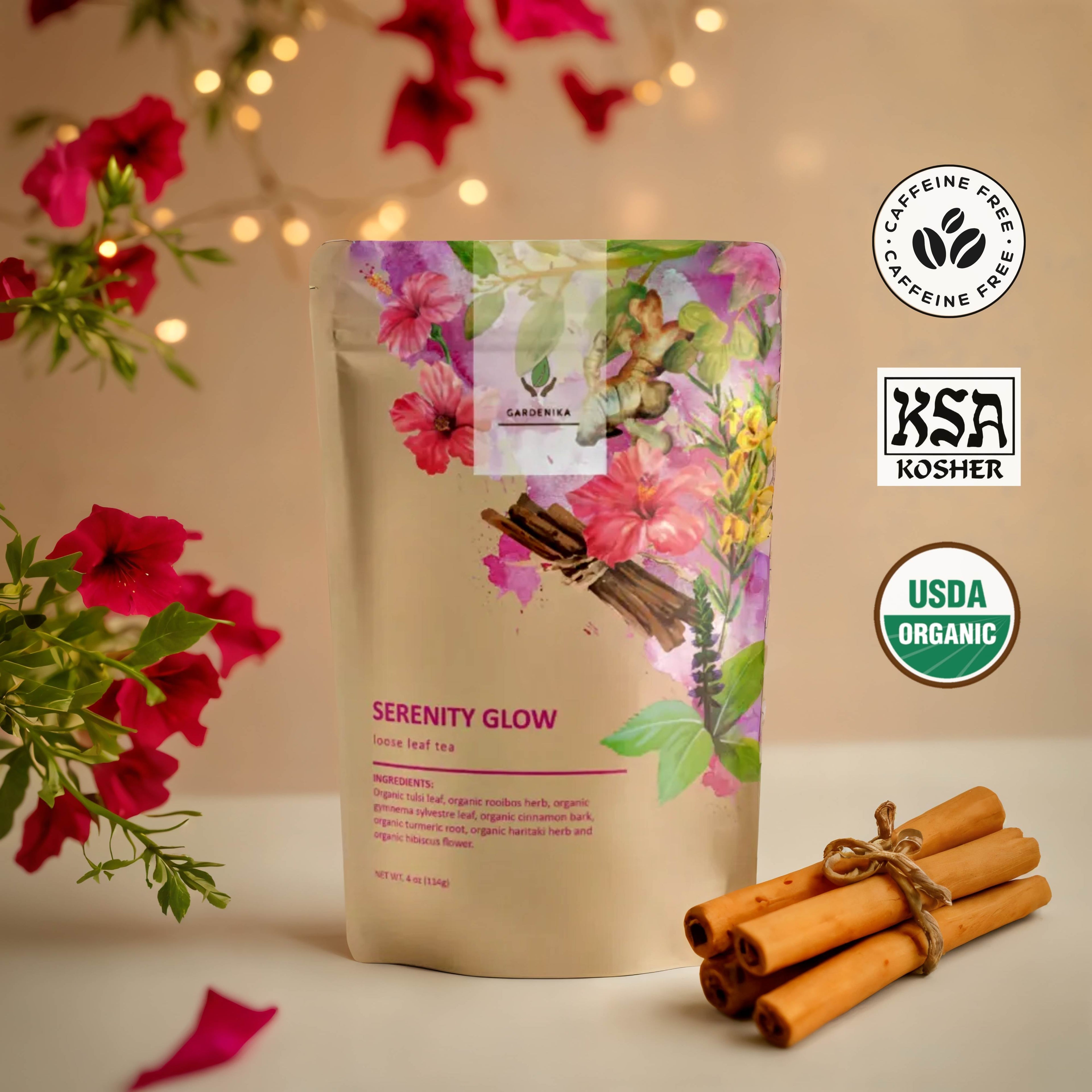Serenity Glow Loose Tea, Metabolism Support - Ayurvedic Blend with Tulsi & Rooibos - Herbal & Caffeine Free - Organic & Kosher
