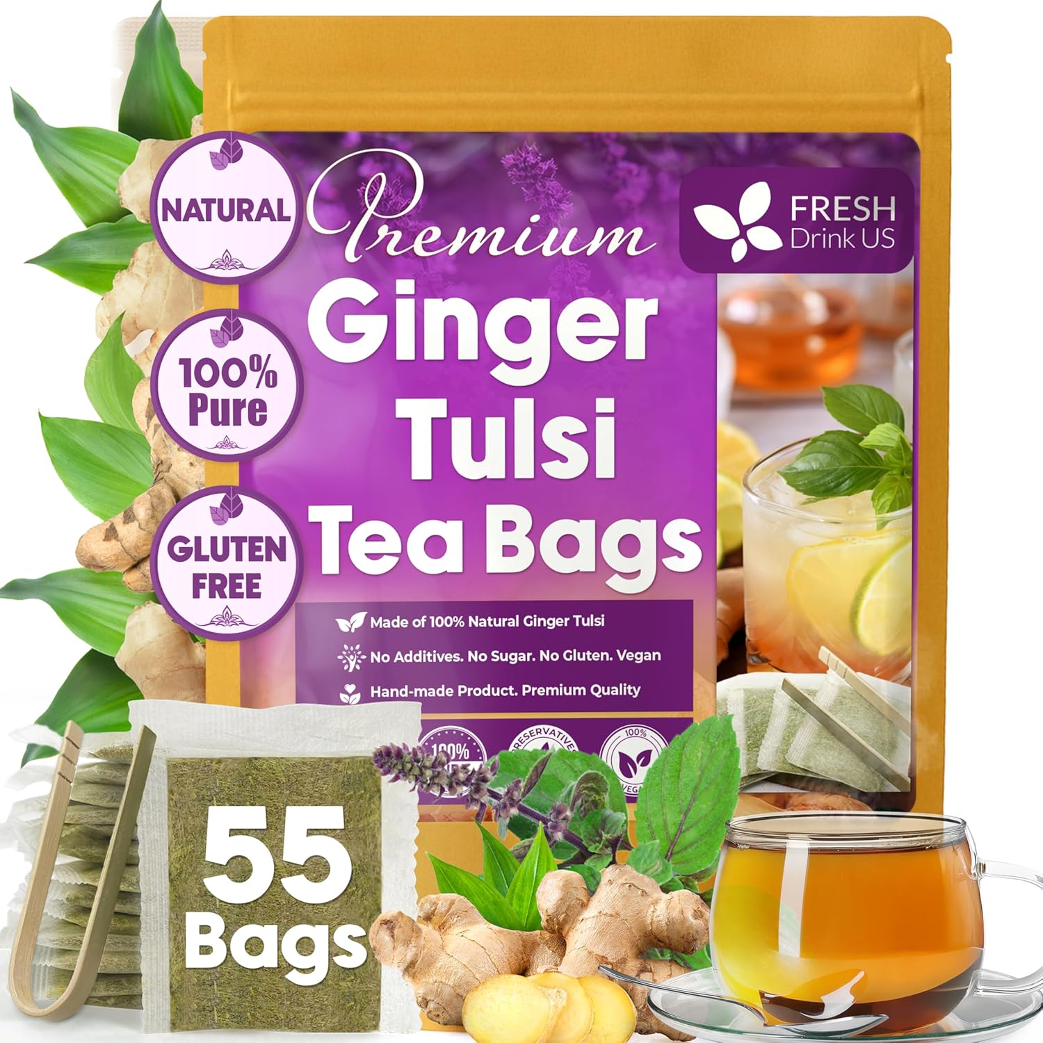 Premium Ginger Tulsi Tea Bags | Hand-made Blend of Ginger and Tulsi Holy Basil Leaves