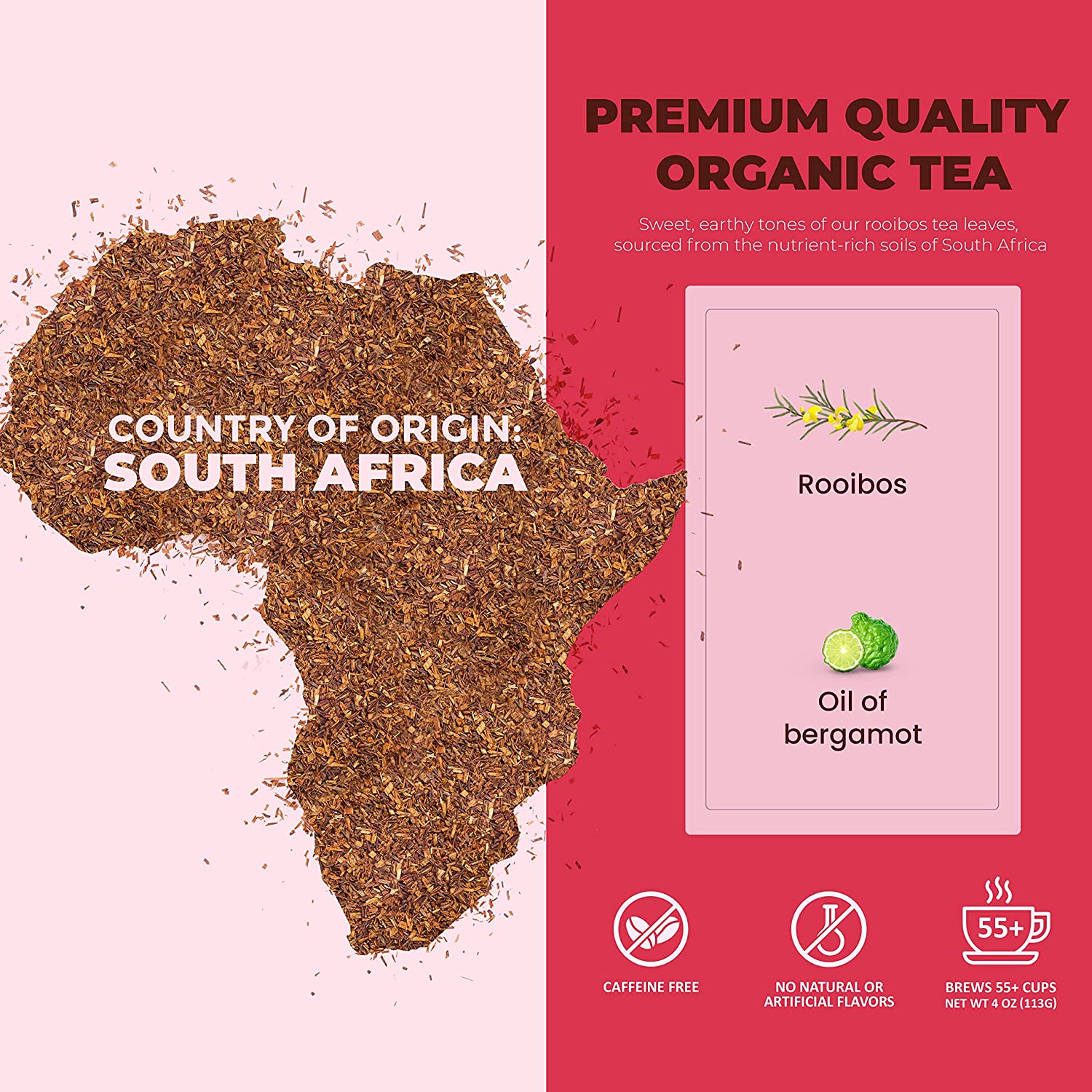 Bergamot Red Rooibos Loose Tea, Antioxidant Rich /w Bergamot Oil - Herbal & Caffeine-Free - Soothing & Comforting - Organic & Kosher