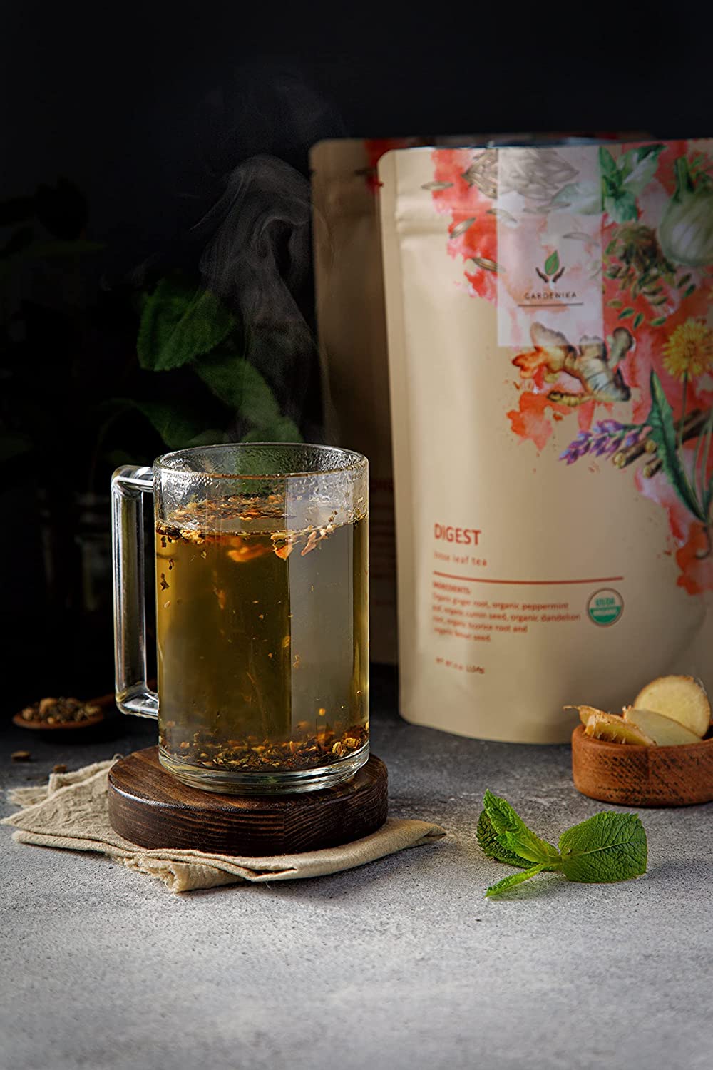 Digest Awake Loose Tea, Bloating & Stomach Ease - Ayurvedic Blend with Ginger & Peppermint - Herbal & Caffeine Free - Organic & Kosher