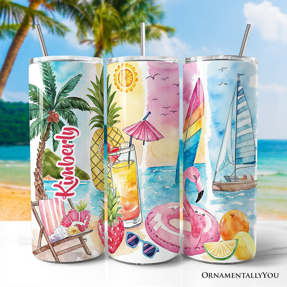 Summer Vibes 20oz Personalized Tumbler With Lid and Stainless Steel Straw, Brushstrokes Vacation Beach Gift Cup