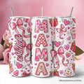 Valentine Mama Coquette Bow 20oz Personalized Tumbler With Lid and Stainless Steel Straw, Charming Pink Love Pattern Gift Cup