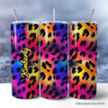 Vibrant Neon Leopard Print 20oz Personalized Tumbler With Lid and Stainless Steel Straw, Retro Rainbow Animal Pattern Gift Cup