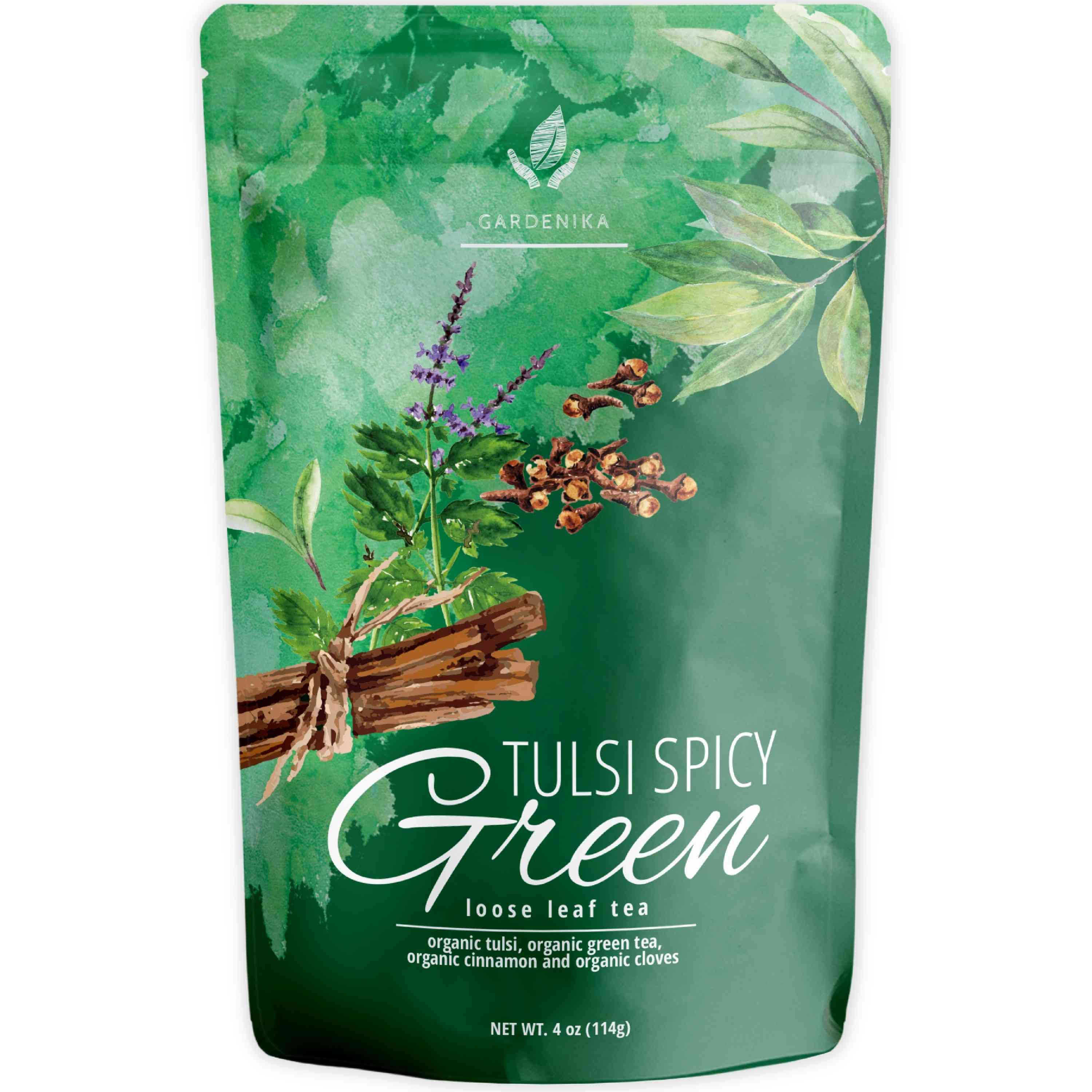 Tulsi Spicy Chai Green Loose Tea, Natural Energy & Focus Support - Ayurvedic Blend with Tulsi (Holy Basil) - Cinnamon & Cloves - Low Caffeine - Organic & Kosher