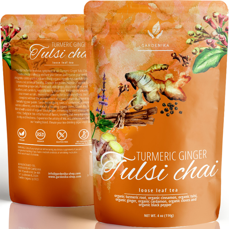 Turmeric Ginger Tulsi Chai Loose Tea, Ayurvedic Anti-Inflammatory Blend - /w Turmeric & Ginger - Herbal & Caffeine Free - Organic & Kosher