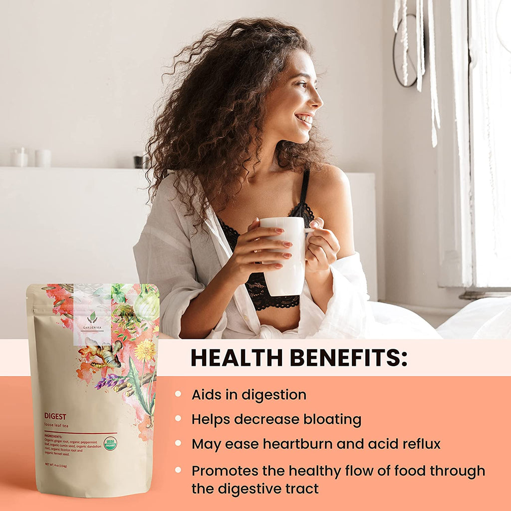 Digest Awake Loose Tea, Bloating & Stomach Ease - Ayurvedic Blend with Ginger & Peppermint - Herbal & Caffeine Free - Organic & Kosher