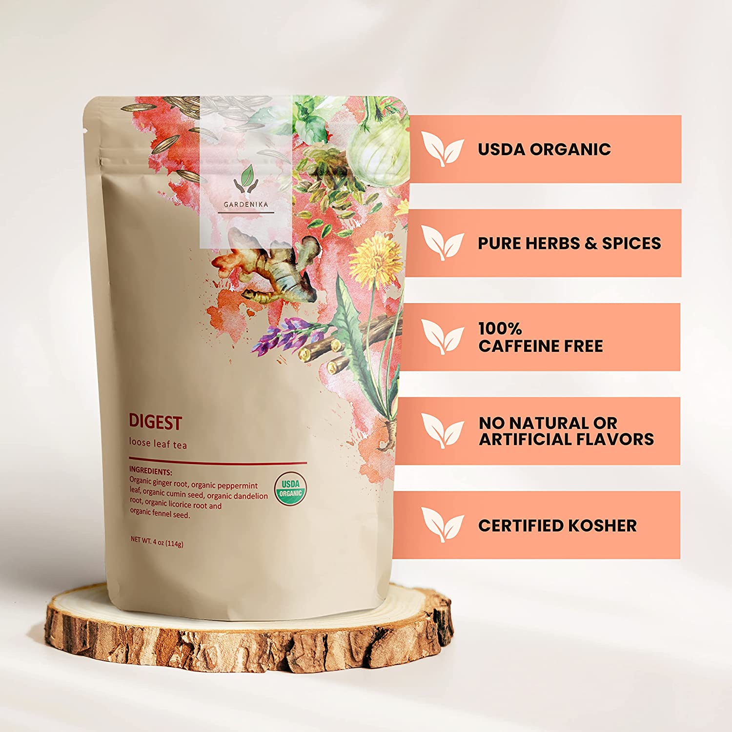 Digest Awake Loose Tea, Bloating & Stomach Ease - Ayurvedic Blend with Ginger & Peppermint - Herbal & Caffeine Free - Organic & Kosher