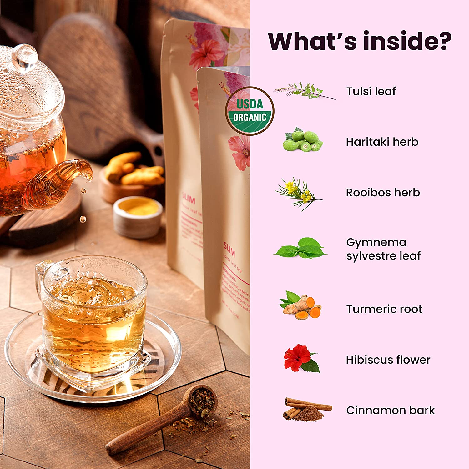 Serenity Glow Loose Tea, Metabolism Support - Ayurvedic Blend with Tulsi & Rooibos - Herbal & Caffeine Free - Organic & Kosher